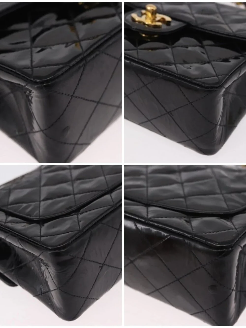CHANEL Mini Matelasse 17 Chain Bag Patent leather Black Gold CC Auth 184825V
